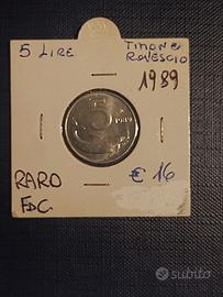 ITALIA 5 lire 1989 timone rovescio.