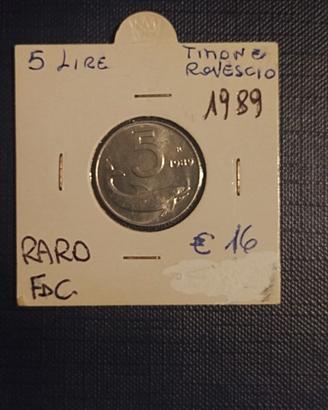 ITALIA 5 lire 1989 timone rovescio.