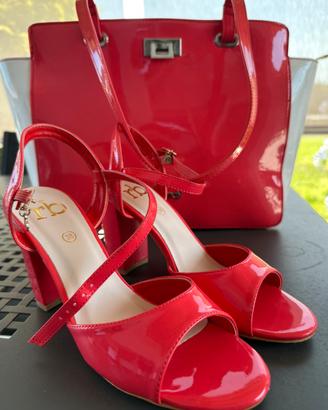 Set elegante, rosso lucido: borsa + scarpe