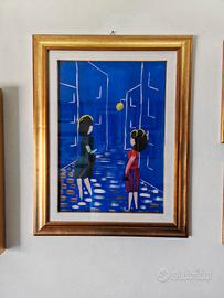 Quadro Dipinto ad Olio Notturno Urbano