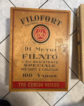 Vecchia scatola filato legno FILOFORT TRE CERCHI