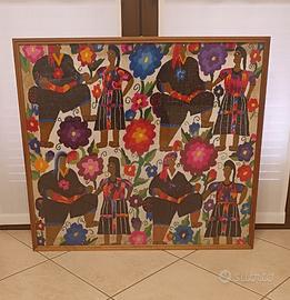 Quadro con batik; vetro e cornice in legno.