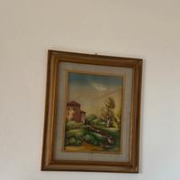 Quadro paesaggio rustico con cornice dorata