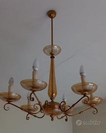 Lampadario vintage - vetro ambrato e ottone,6 luci