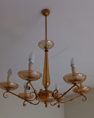 Lampadario vintage - vetro ambrato e ottone,6 luci