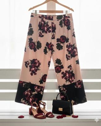 Pantaloni palazzo a vita alta, stampa floreale, ta