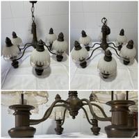 Lampadario Ottone brunito con 5 Lumi in vetro