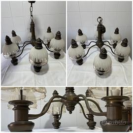 Lampadario Ottone brunito con 5 Lumi in vetro