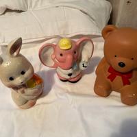 Tre salvadanai pupazzo coniglio orsetto elefantino