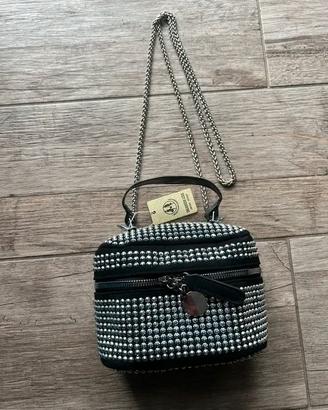Borsa Box Bag Strass Glam Argento Nera con Catena