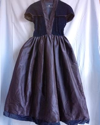 Abito lungo blu velluto e seta gonna ampia vintage