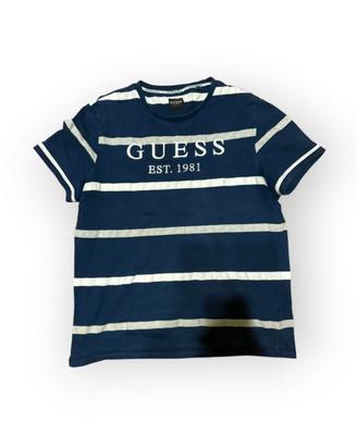 T-shirt Guess EST 1981 a righe blu, bianche e grig