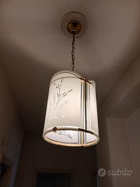 2 Lampadari Vintage in Vetro Satinato e Ottone
