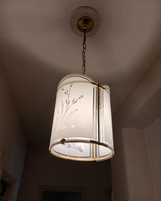 2 Lampadari Vintage in Vetro Satinato e Ottone