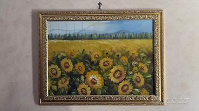 Quadro dipinto campo di girasoli cornice oro