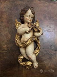 Putto Musicante in Legno Intagliato - Val Gardena 