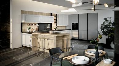 CUCINA CON PENISOLA+PIANO SNACK CON AMPIE COLONNE