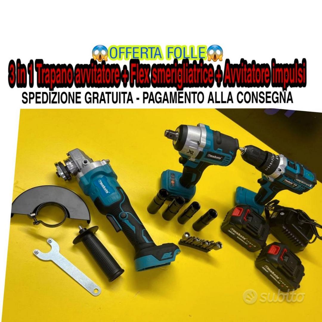 Kit 3 in 1 Trapano avvitatore con percussione + Flex Smerigliatrice  Angolare + Svitabulloni Avvitatore ad impulsi due batterie incluse 68V con  Motore Brushless e Valigetta : : Fai da te