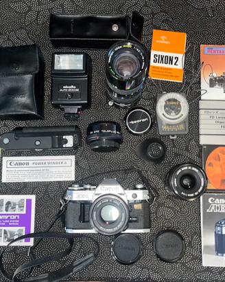 Kit Canon AE-1 vintage+ottiche+accessori+winder