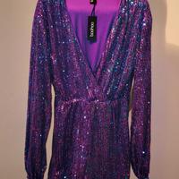 tuta corta boohoo con paillettes viola scintillant