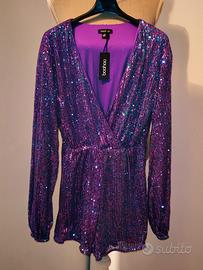 tuta corta boohoo con paillettes viola scintillant