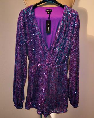 tuta corta boohoo con paillettes viola scintillant