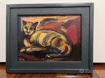 Quadro olio su cartone prima metà 1900 ‘gatto’