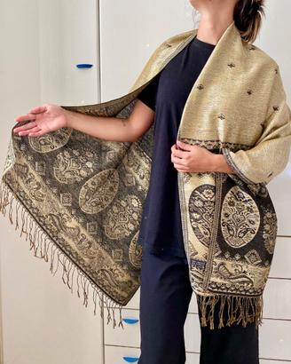 Sciarpa stola pashmina double face nero e oro