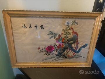Quadro cinese in seta ricamato vintage orizzontale