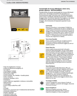LAVASTOVIGLIE INCASSO WHIRLPOOL MOD. WH7IA15AM6L0
