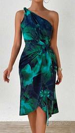 Abito elegante monospalla fiori blu verdi nuovo