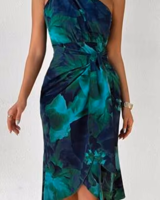 Abito elegante monospalla fiori blu verdi nuovo