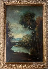 dipinto raffigurante un  paesaggio lacustre 70x50