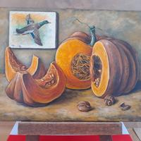 Quadro zucca e anatra con cavalletto in legno 