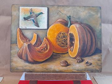 Quadro zucca e anatra con cavalletto in legno 