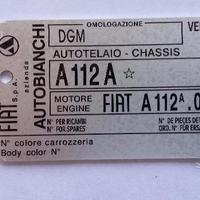 TARGHETTA Autobianchi A112 Telaio fiat 500 124