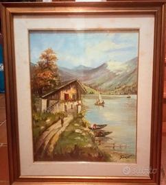 Olio su tela- Quadro: In riva al lago (Guizzo