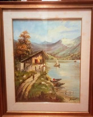 Olio su tela- Quadro: In riva al lago (Guizzo
