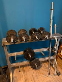Rastrelliera + set dischi, manubri e bilancieri
