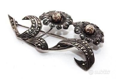 Antica spilla fiore argento marcasite