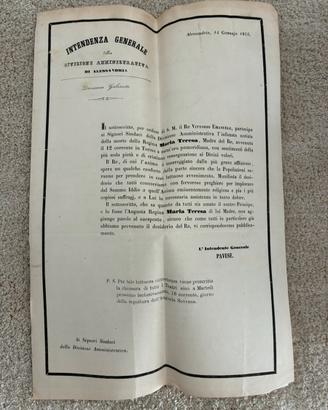 Documento storico morte Regina Maria Teresa 1855