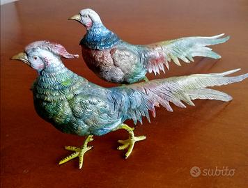 Coppia di statuette di fagiani in metallo