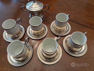 servizio da caffè vintage in peltro e porcellana