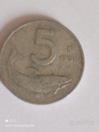 moneta da lire 5 delfino dal 1951 rarissima