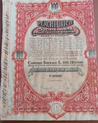 Azione Venchi Unica - Certificato azionario antico