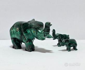 Tris Elefanti In Malachite Sculture Vintage