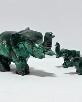 Tris Elefanti In Malachite Sculture Vintage
