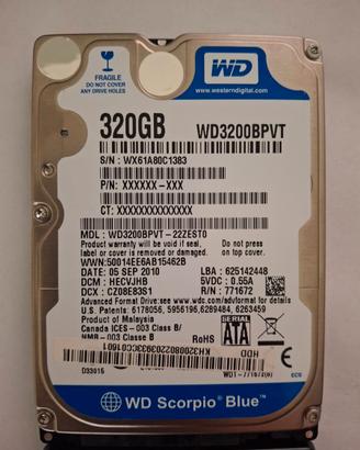 HDD 320GB 2,5"  WD3200BPVT-22ZEST0 5Khrs SmartOK
