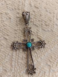 CIONDOLO CROCE FILIGRANA PASTA DI TURCHESE ARGENTO