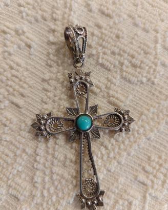 CIONDOLO CROCE FILIGRANA PASTA DI TURCHESE ARGENTO